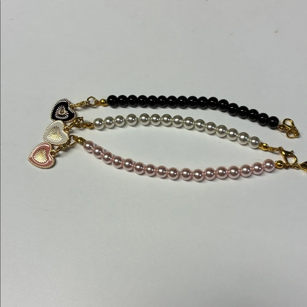 Girls Pearl Bracelet Set Pink Black White Heart Charm Initial P Gift